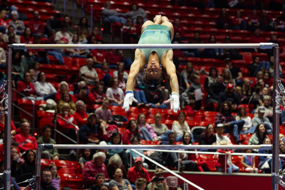 Grace McCallum performs her bar routine during the Red Rocks Preview at the Jon M. Huntsman Center in Salt Lake City on Friday, Dec. 15, 2023. | Megan Nielsen, Deseret News