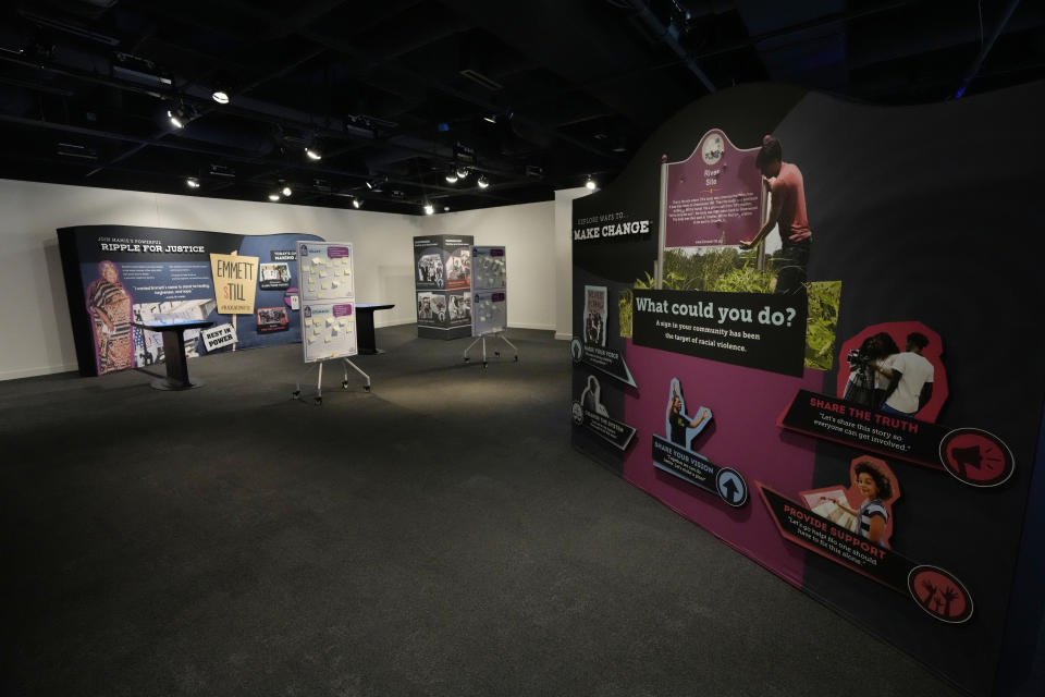 Visitors to the Two Mississippi Museums can see the "Emmett Till and Mamie Till-Mobley Let The World See" exhibit that examines the story of Black teenager Emmett Till who was accused by Carolyn Bryant of making improper advances before he was lynched in Mississippi in 1955, Thursday, April 27, 2023, in Jackson, Miss. Carolyn Bryant Donham died, Tuesday, April 25, in hospice care in Louisiana. She was 88. (AP Photo/Rogelio V. Solis)