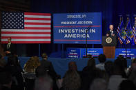 President Joe Biden delivers remarks on the CHIPS and Science Act at the Milton J. Rubenstein Museum in Syracuse, N.Y., Thursday, Apr. 25, 2024. (AP Photo/Adrian Kraus)