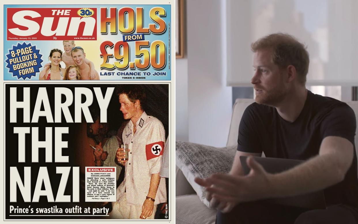 The Sun front page with Harry wearing the Nazi costume and Prince Harry
