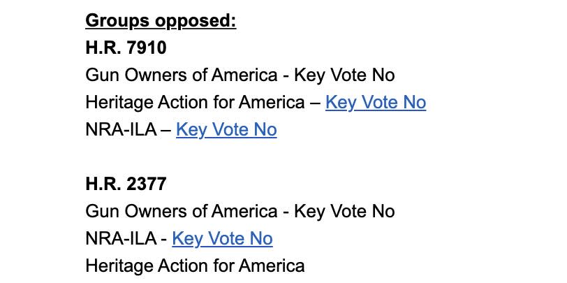 Screenshot of the end of the June 7th whip notice, including links to talking points from the NRA and Heritage Action for America.