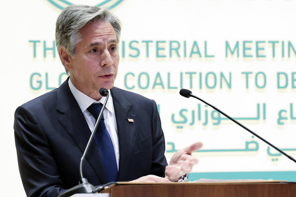 Secretary of State Antony Blinken speaks as he attends a joint news conference with Saudi Arabia's Foreign Minister Prince Faisal bin Farhan, not pictured, at the Intercontinental Hotel in Riyadh, Saudi Arabia, Thursday, June 8, 2023. (Ahmed Yosri/Pool Photo via AP)