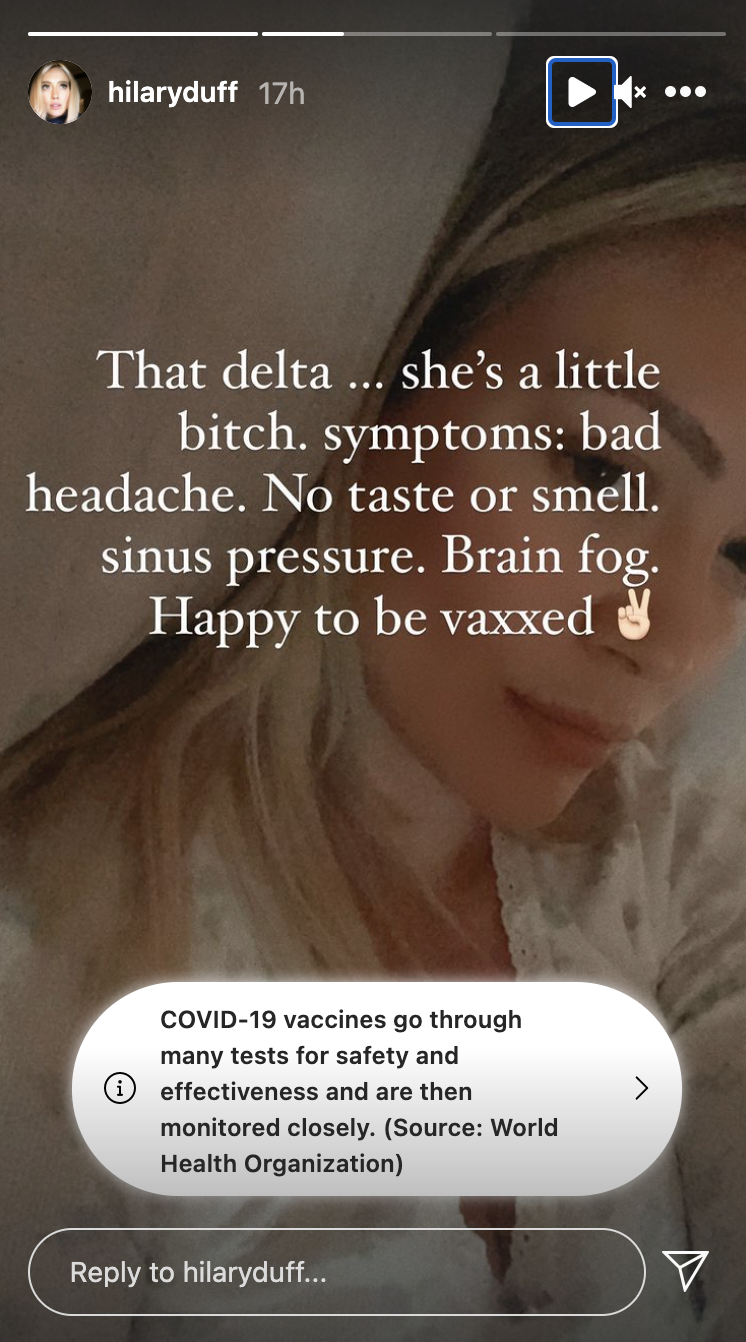 Hilary Duff says she's happy to be vaccinated after developing COVID-19 symptoms. 