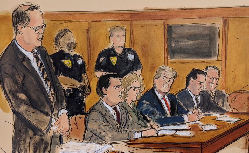 In a courtroom sketch, Donald Trump, accompanied by his legal counsel, looks at Assistant District Attorney Christopher Conroy during Trump's arraignment in New York.