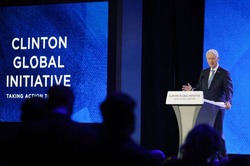 Former President Bill Clinton makes comments Monday at the Clinton Global Initiative 2023 in New York City where he met virtually with Pope Francis. The two discussed the need to protect children, tackle climate change and end war. Photo by John Angelillo/UPI