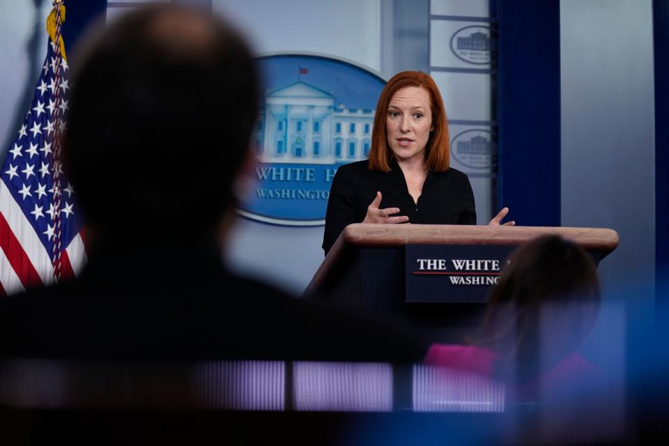 White House press secretary Jen Psaki speaks during a press briefing at the White House on Tuesday.