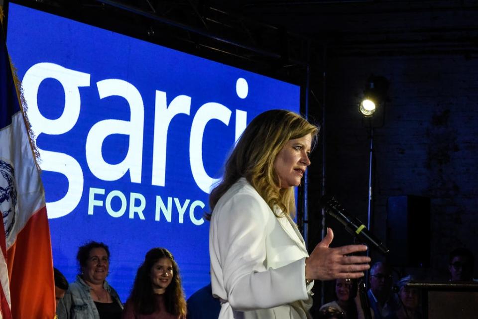 Kathryn Garcia delivers remarks to supporters on June 22, 2021 in the Bushwick neighborhood in New York City.