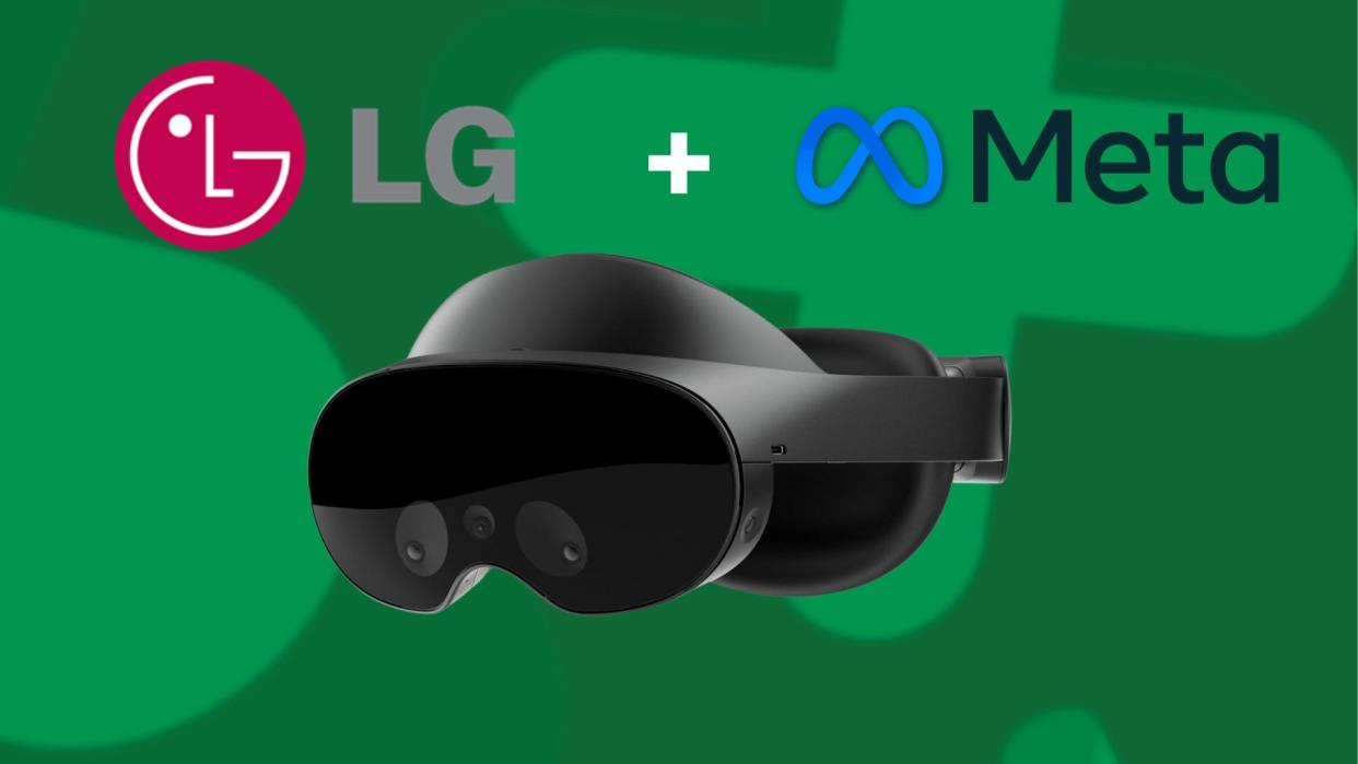  Meta Quest pro headset on a green background with the Meta and LG logos above it. 