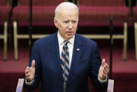Democratic presidential candidate former Vice President Joe Biden speaks during services, Sunday, Feb. 23, 2020, at the Royal Missionary Baptist Church in North Charleston, S.C. (AP Photo/Matt Rourke)