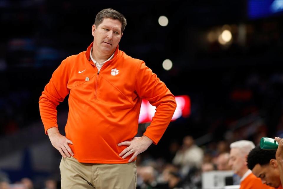 Mar 13, 2024; Washington, D.C., USA; Clemson Tigers head coach Brad Brownwell reacts on the bench against the Boston College Eagles in the first half at Capital One Arena.