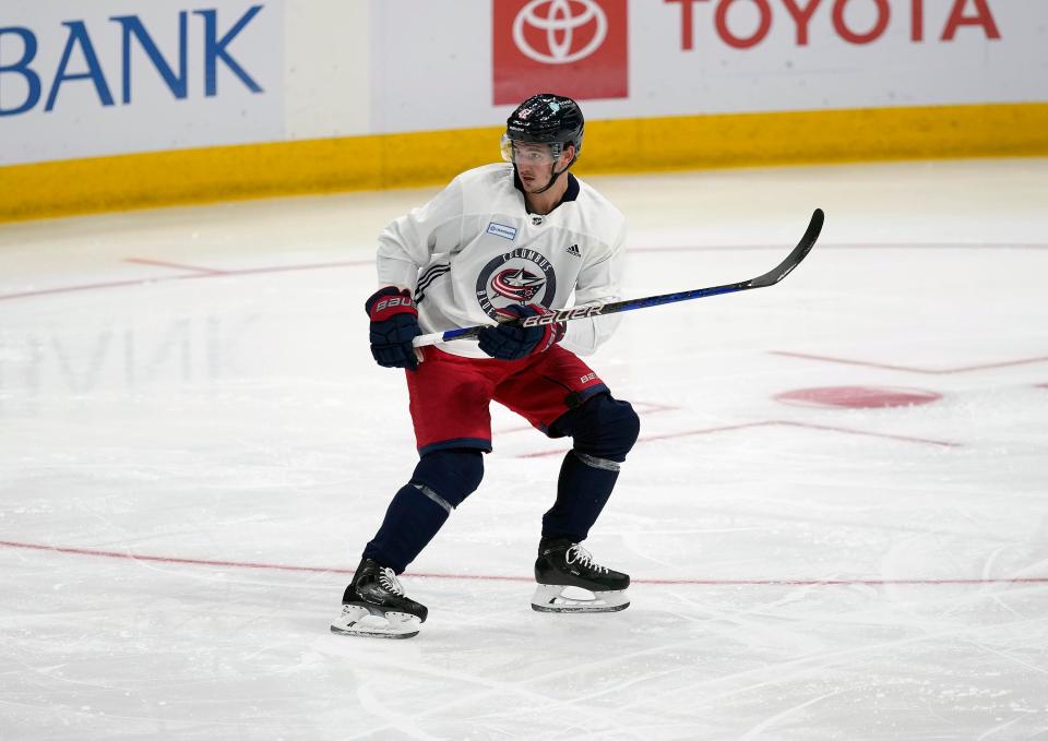 Sep 21, 2023; Columbus, Ohio, USA; Columbus Blue Jackets Forward Alexandre Texier skates during training camp at Nationwide Arena.