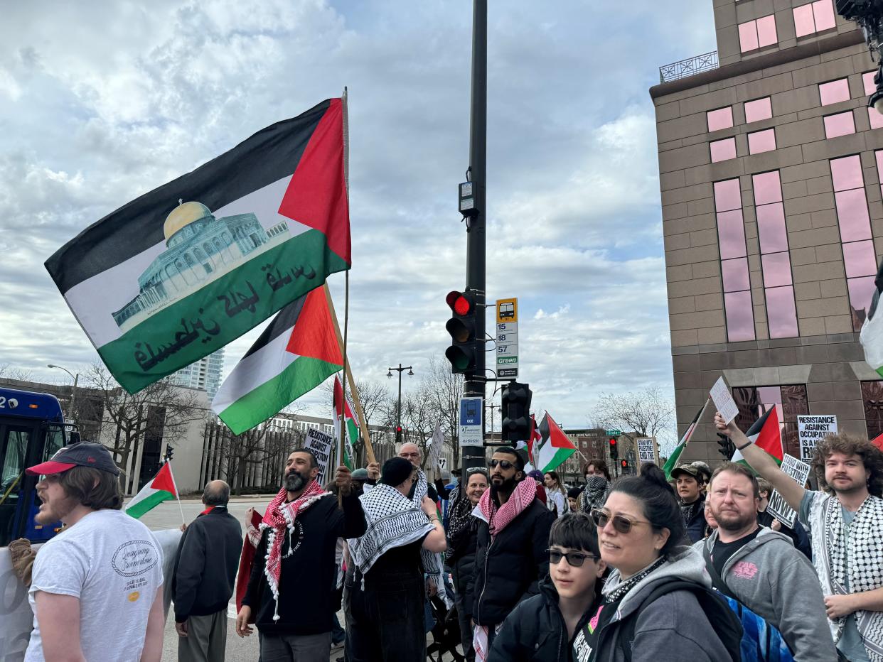 Protesters calling for a more forceful policy in Gaza gathered at Red Arrow Park in downtown Milwaukee on Wednesday during President Joe Biden's visit.