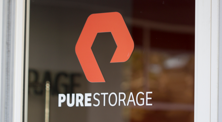 The Pure Storage logo at the entrance to its office in Mountain View, California. PSTG stock.