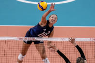 United States' Jordan Larson spikes the ball during the women's volleyball semifinal match between Serbia and United States at the 2020 Summer Olympics, Friday, Aug. 6, 2021, in Tokyo, Japan. (AP Photo/Manu Fernandez)