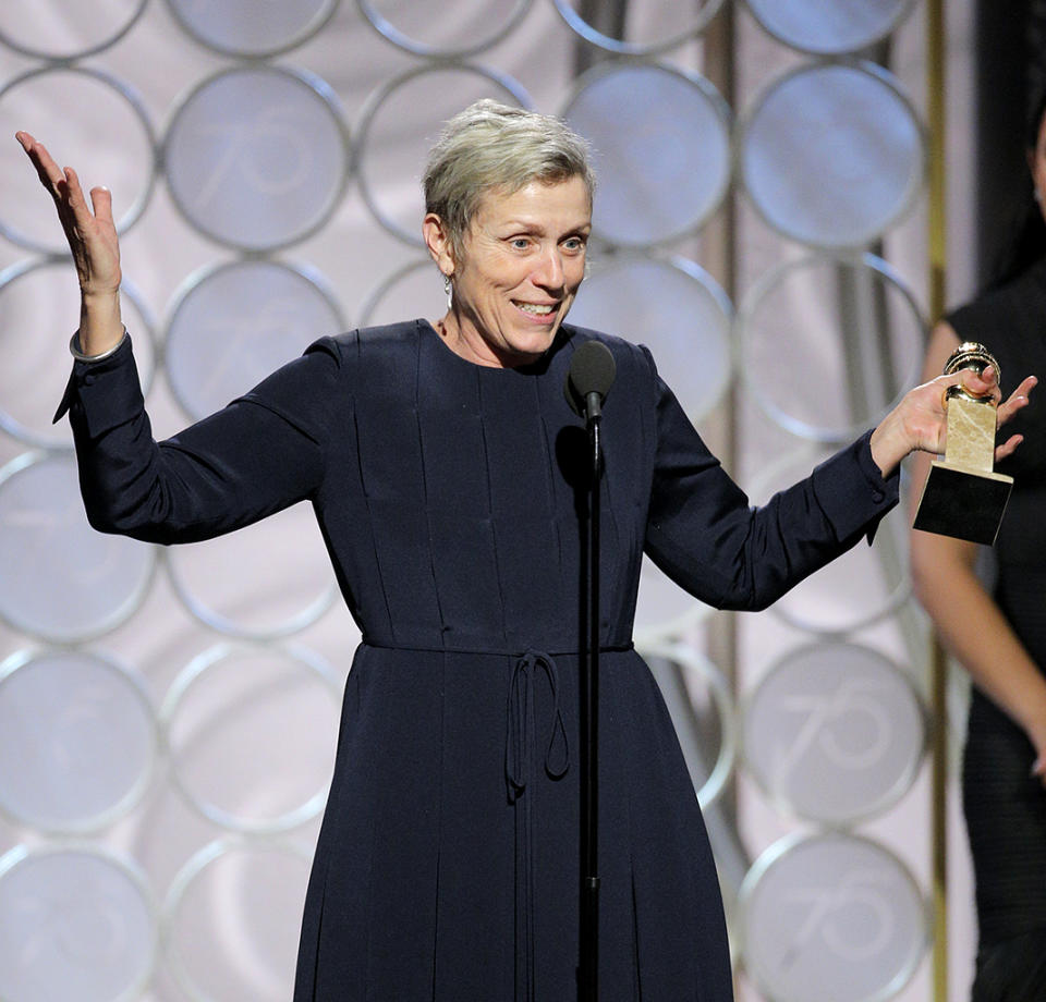 Frances McDormand accepts the award for Best Performance by an Actress in a Motion Picture — Drama. (Photo: Paul Drinkwater/NBCUniversal via Getty Images)