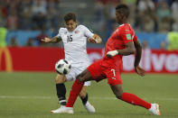 <p>Costa Rica’s Cristian Gamboa, left, vies for the ball with Switzerland’s Breel Embolo during the group E match between Switzerland and Costa Rica at the 2018 soccer World Cup in the Nizhny Novgorod Stadium in Nizhny Novgorod , Russia, Wednesday, June 27, 2018. (AP Photo/Vadim Ghirda) </p>