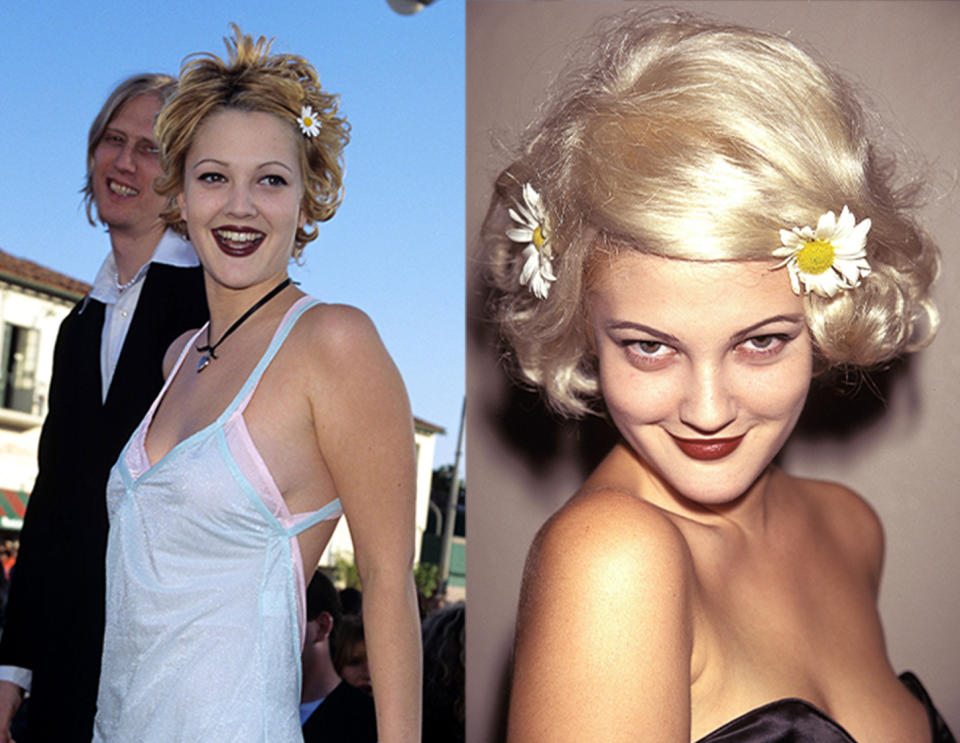 Drew Barrymore wearing daisies in her hair during the '90s grunge era that influenced Coach's newest Tabby Bag design