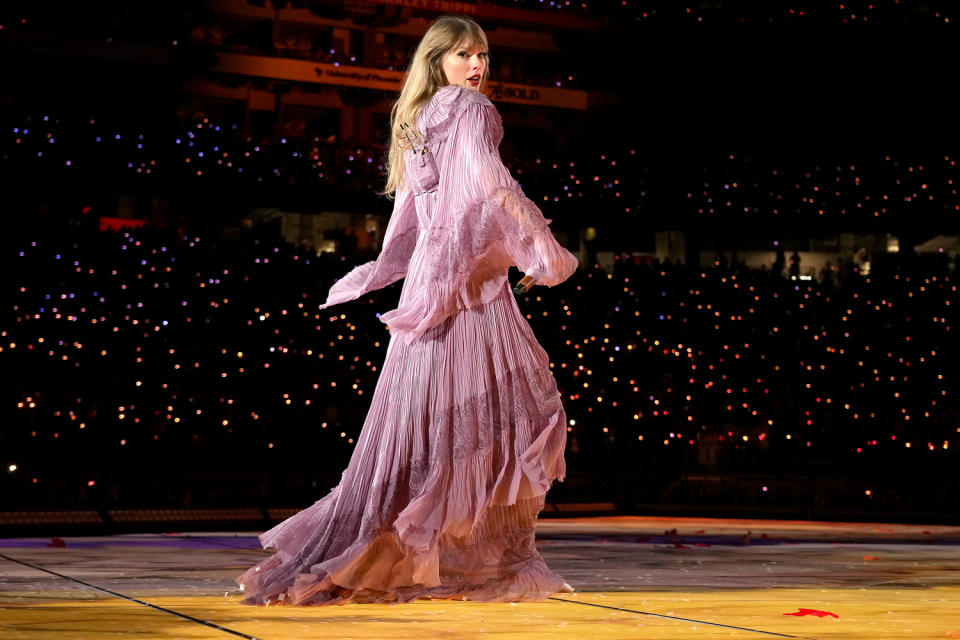 <p>Swift was back in boho for songs from <em>Folklore</em>, in a flowing lilac Alberta Ferretti gown similar to the dress she wore during <a href="https://people.com/music/grammys-2021-taylor-swift-performs-folklore-medley/" rel="nofollow noopener" target="_blank" data-ylk="slk:her 2021 Grammys performance;elm:context_link;itc:0;sec:content-canvas" class="link ">her 2021 Grammys performance</a>. She even brought back the <i>Folklore</i> house for the performance. </p>