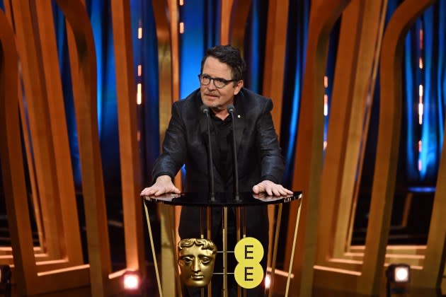 Michael J Fox presents the Best Film Award on stage during the EE BAFTA Film Awards 2024.  - Credit: Kate Green/BAFTA/Getty Images for BAFTA