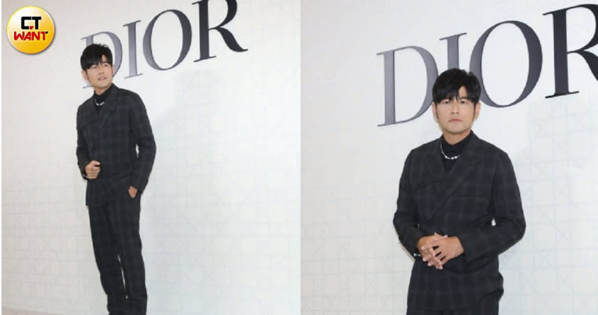 周杰倫25日穿著全套Dior西裝出席台北東區新光三越Diamond Towers Dior新店開幕，並表示正在等大巨蛋，他坦言8月已經空下來了 。（圖／林士傑攝）