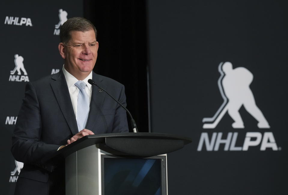 Former U.S. Secretary of Labor Martin Walsh, the new head of the NHL Players' Association, speaks at a hockey press conference in Toronto, Thursday, March 30, 2023. (Nathan Denette/The Canadian Press via AP)