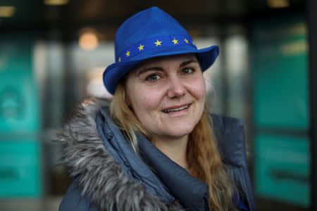 Sonja Morgenstern poses for a photograph outside the departure entrance at Stansted Airport, London, Britain February 21, 2019. REUTERS/Simon Dawson