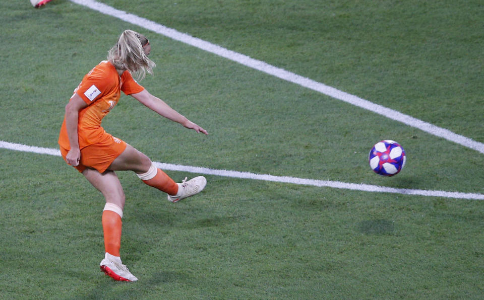 Netherlands' Jackie Groenen scores her side's opening goal during the Women's World Cup semifinal soccer match between the Netherlands and Sweden, at the Stade de Lyon outside Lyon, France, Wednesday, July 3, 2019. (AP Photo/Francois Mori)