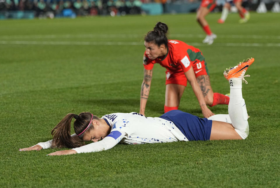 AUCKLAND, NEW ZEALAND - AUGUST 1: Alex Morgan of USA gestures during the FIFA Women's World Cup Australia & New Zealand 2023 Group E match between Portugal and USA at Eden Park on August 1, 2023 in Auckland, New Zealand. (Photo by Ulrik Pedersen/DeFodi Images via Getty Images)