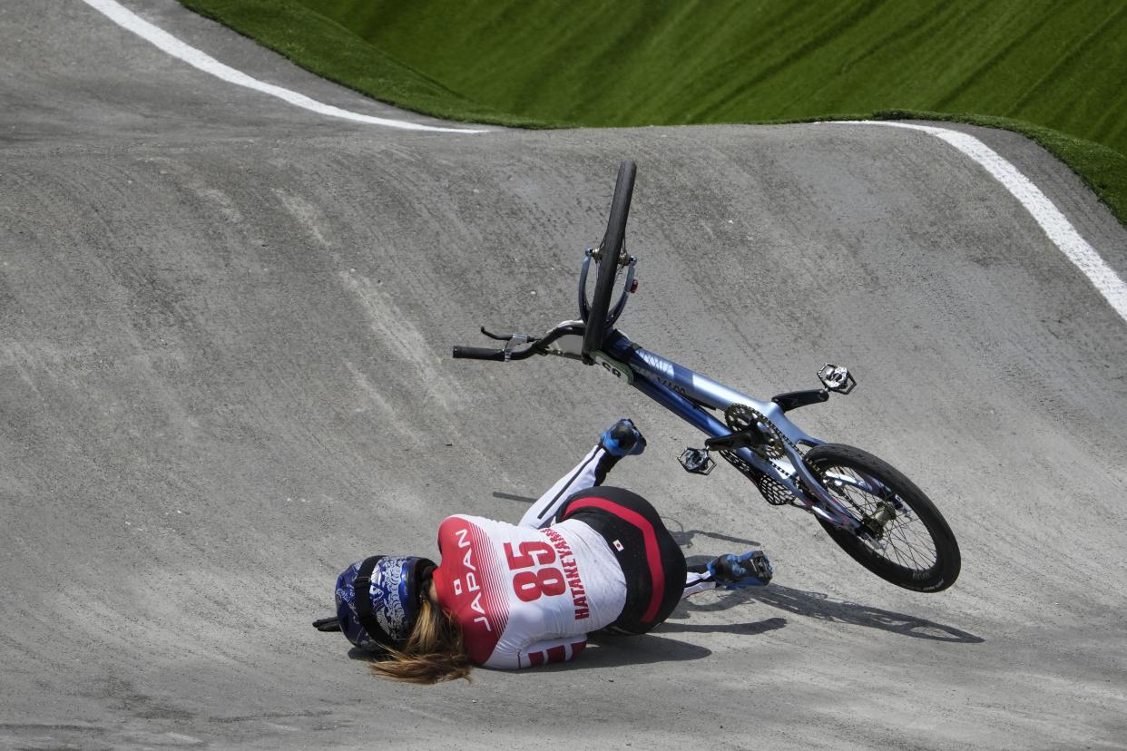 Sae Hatakeyama of Japan crashes in the women's BMX Racing quarterfinals at the 2020 Summer Olympics, Thursday, July 29, 2021, in Tokyo, Japan.