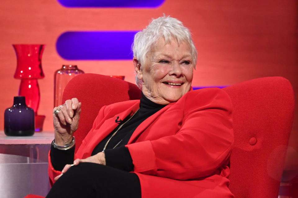 EDITORIAL USE ONLY Dame Judi Dench during the filming for the Graham Norton Show at BBC Studioworks 6 Television Centre, Wood Lane, London, to be aired on BBC One on Friday evening.