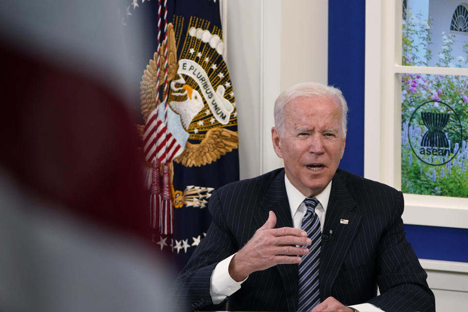 President Joe Biden participates virtually in the U.S.-ASEAN Summit from the South Court Auditorium on the White House complex in Washington, Tuesday, Oct. 26, 2021. It is the first time the United States has participated in the 10-member Association of Southeast Asian Nations since 2017, when President Donald Trump participated in the summit. (AP Photo/Susan Walsh)