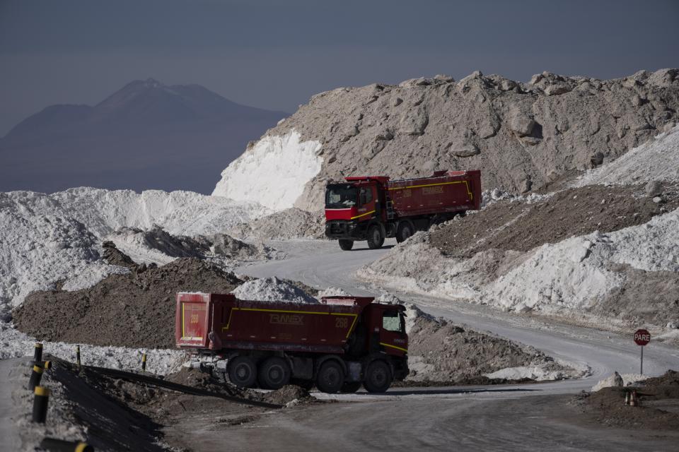 A truck carries salt used as part of lithium processing at the Albemarle lithium mine in Chile's Atacama desert, Monday, April 17, 2023. (AP Photo/Rodrigo Abd)