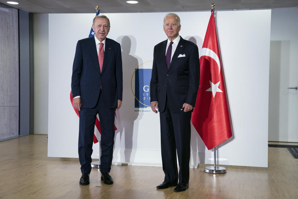 President Joe Biden meets with Turkish President Recep Tayyip Erdogan during the G20 leaders summit, Sunday, Oct. 31, 2021, in Rome. (AP Photo/Evan Vucci)