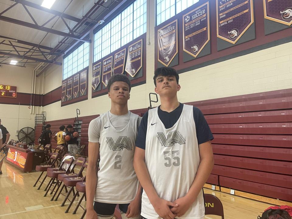 Mario Williams Jr. (left) and Jayden Fakhouri (right) pf Venture Academy basketball pose for a photo after a game at Edison High School for the Modesto Christian Summer Classic.
