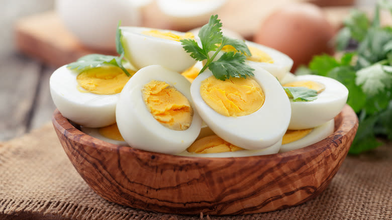 plate of hard boiled eggs with garnish