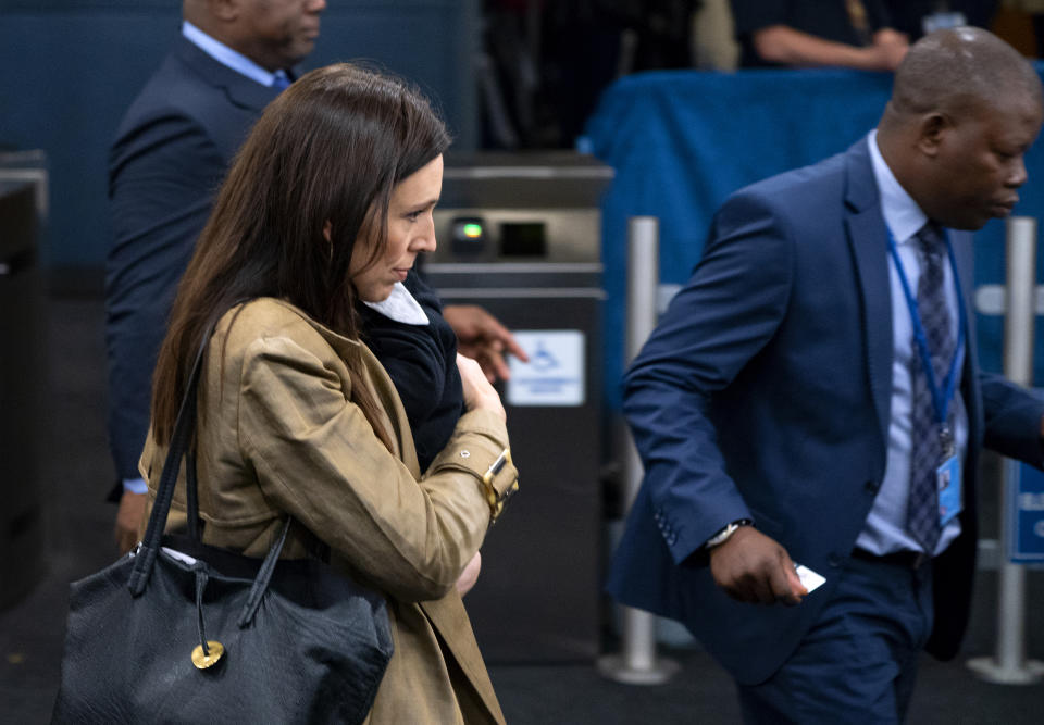 FILE - New Zealand Prime Minister Jacinda Ardern arrives holding her child Neve during the 73rd session of the United Nations General Assembly, at U.N. headquarters, on Sept. 25, 2018. Ardern became just the second world leader to give birth while holding office. When she brought her infant daughter to the floor of the U.N. General Assembly in New York in 2018, it brought smiles to people everywhere. (AP Photo/Craig Ruttle, File)