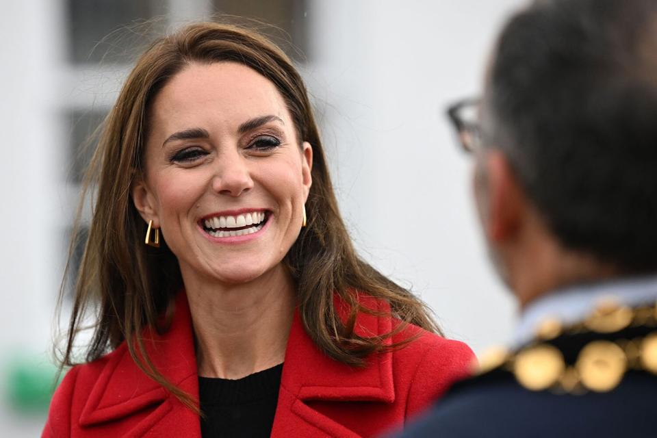 Britain's Catherine, Princess of Wales reacts during her visit to the RNLI (Royal National Lifeboat Institution) Holyhead Lifeboat Station in Anglesey, north west Wales on September 27, 2022