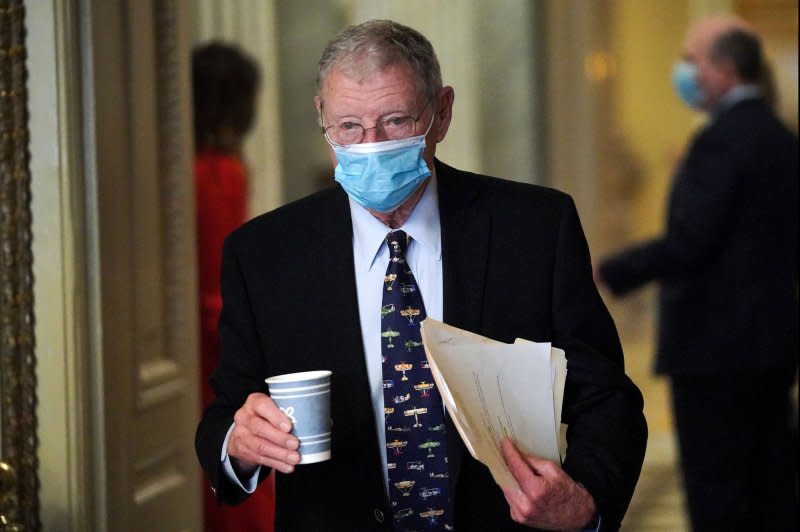 Sen. James Inhofe, R-Okla., arrives before the fifth day of the impeachment trial of former President Trump at the U.S. Capitol in Washington D.C. on Feb. 13, 2021. File Photo by Greg Nash/UPI
