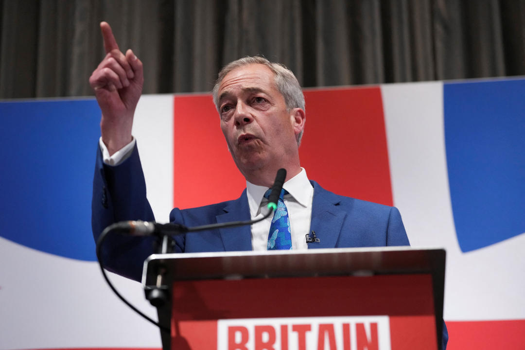 Honorary President of the Reform UK party Nigel Farage gestures during a press conference in London, Britain, June 3, 2024. REUTERS/Maja Smiejkowska