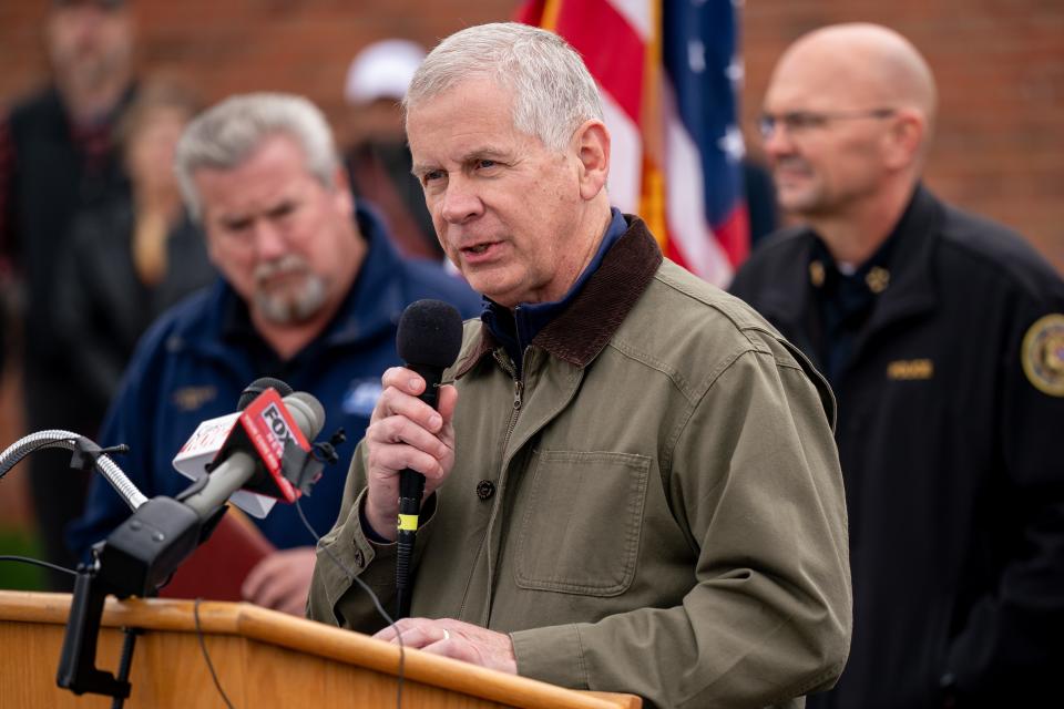 Clarksville City Mayor Joe Pitts speaks during a press conference in Clarksville, Tenn., Sunday, Dec. 10, 2023.