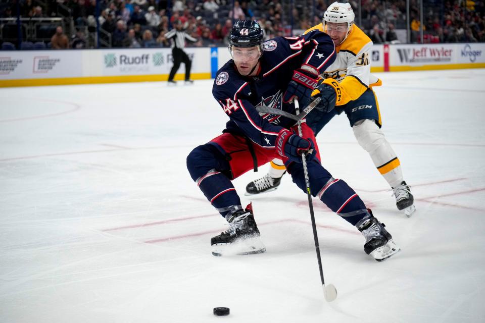 Blue Jackets defenseman Erik Gudranson has one goal, nine assists and 10 points in 52 games.