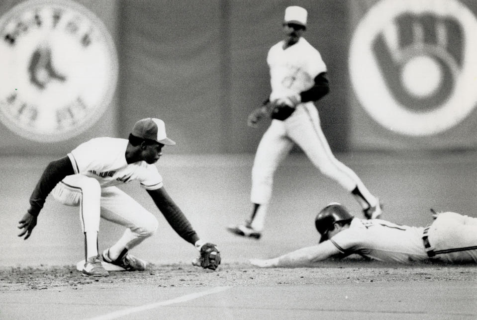 July 4, 1989: Orioles' Mickey Tettleton didn't have much chance of stealing second with this slide in the fourth inning at the SkyDome. Tony Fernandez took catcher Greg Myers' throw in plenty of time to make the tag. (Photo by Ken Faught/Toronto Star via Getty Images)