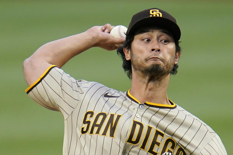 San Diego Padres starting pitcher Yu Darvish delivers during the first inning of a baseball game against the Pittsburgh Pirates in Pittsburgh, Monday, April 12, 2021. (AP Photo/Gene J. Puskar)