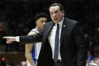 FILE - In this Saturday, March 7, 2020 file photo, Duke head coach Mike Krzyzewski reacts to an official during the second half of an NCAA college basketball game against North Carolina in Durham, N.C. Atlantic Coast Conference men’s basketball coaches are pushing the idea of having next year’s NCAA Tournament include all eligible teams in Division I. “This is not a regular season,” Duke coach Mike Krzyzewski said in a statement. (AP Photo/Gerry Broome, File)