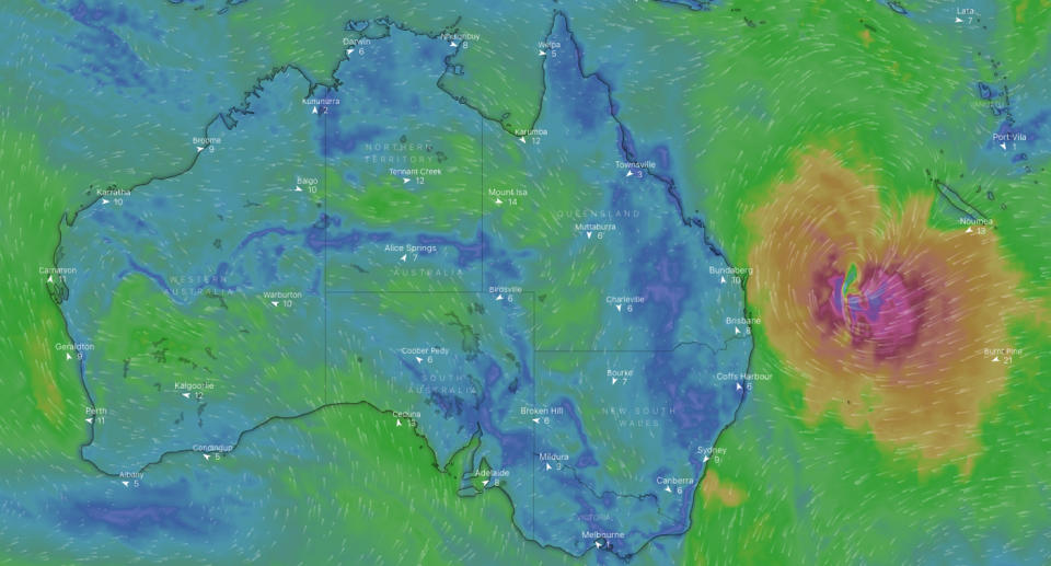 Tropical Cyclone Seth is seen off the coast of Queensland on this Windy.com weather map.