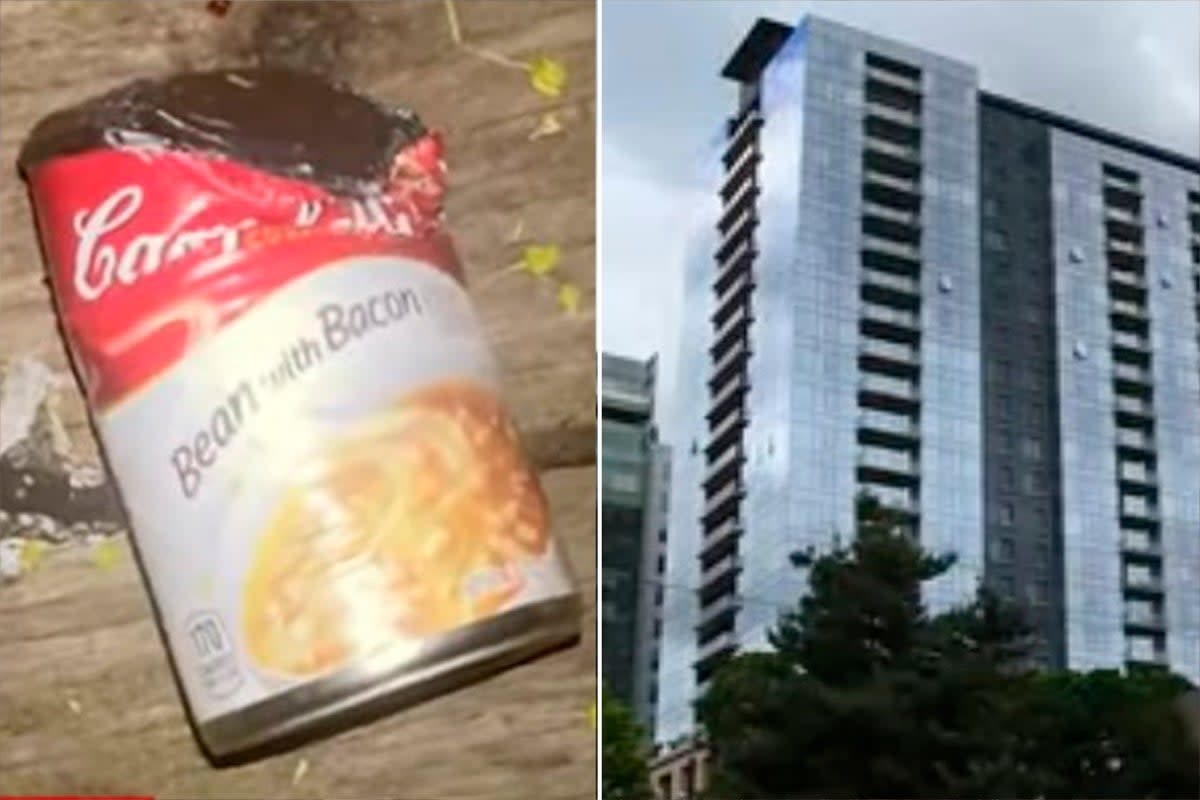 Tins of food are being hurled off a highrise in Downtown Portland  (KOIN 6)