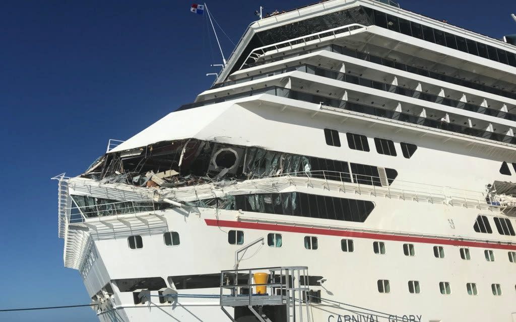 The damage to Carnival Glory after it collided with Carnival Legend - Jordan Moseley via REUTERS