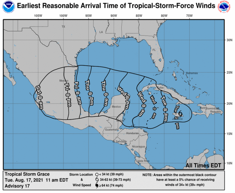 Earliest arrival time of winds from Tropical Storm Grace in the 11 a.m. Tuesday, Aug. 17, 2021 advisory.