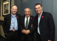 TORONTO, ON - NOVEMBER 11: (L-R) Barry Stafford, Jim Gregory of the Hall of Fame and Adam Oates, pose for a photo prior to the Hockey Hall of Fame Legends Game at the Air Canada Centre on November 11, 2012 in Toronto, Canada. Stafford, the long time trainer for the Edmonton Oilers will be honored along with Oates at the Hockey Hall of Fame induction ceremony at the Hall on November 12. (Photo by Bruce Bennett/Getty Images)