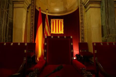 The seat of speaker Carme Forcadell is seen inside the chamber of the Catalan Parliament in Barcelona, Spain October 23, 2017. REUTERS/Ivan Alvarado